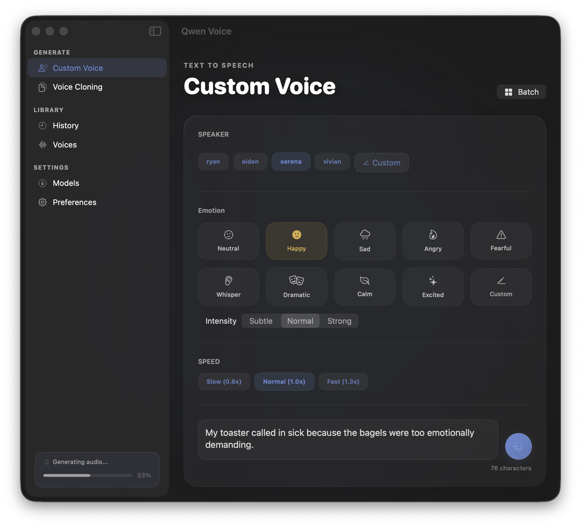 QwenVoice app screenshot showing the Custom Voice interface